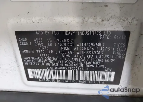 2012 Subaru Outback 2.5I Limited z USA, uszkodzony, nr VIN 4S4BRCKC6C3284613